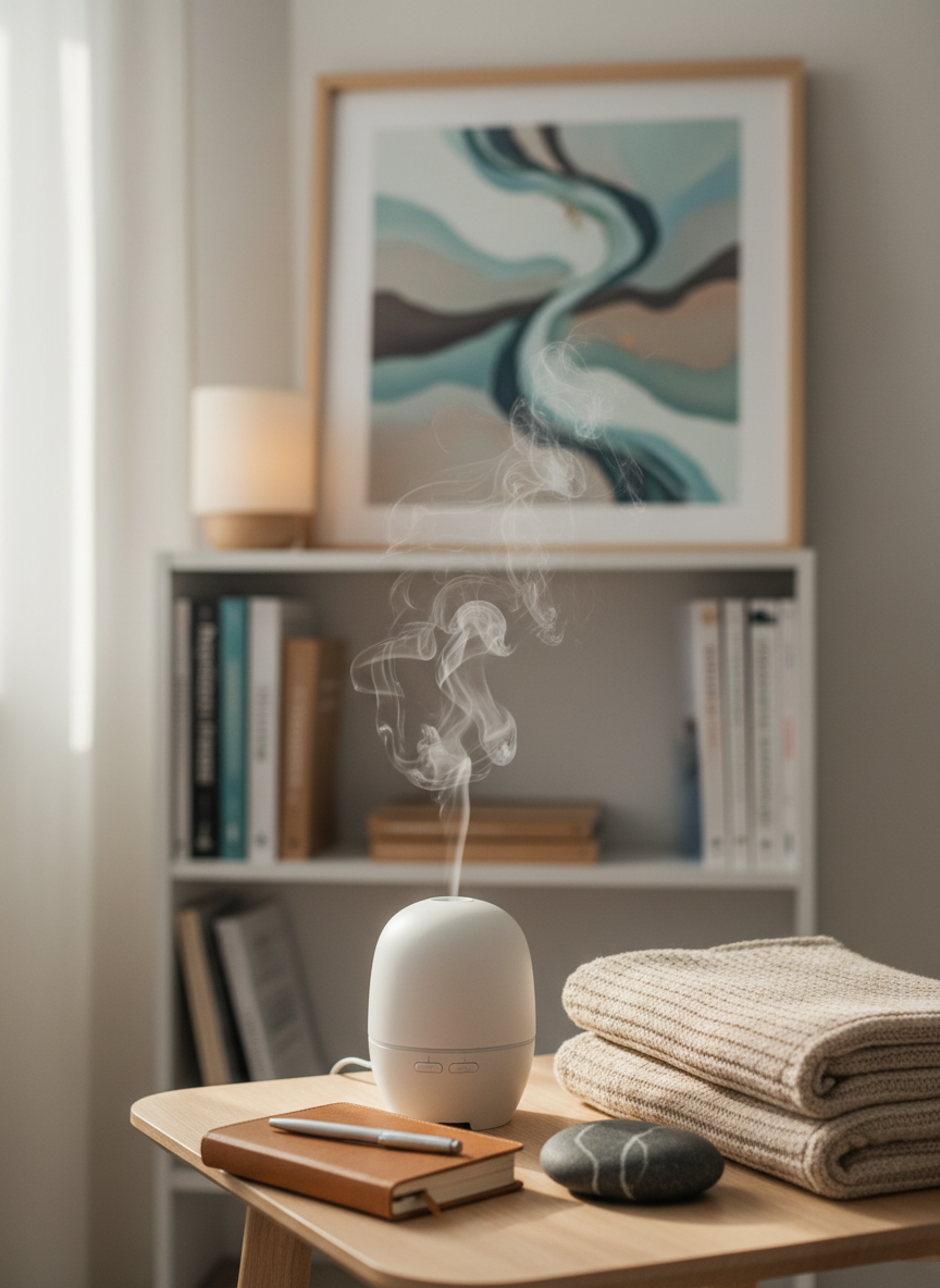 A peaceful stress-and-anxiety support corner inside a holistic clinic, designed in photographic realism, showing a small white diffuser gently emitting a visible mist plume on a light wooden side table. Beside it rest a closed journal, a smooth river stone from southern Chile, and a neatly folded soft beige throw. The background reveals a blurred view of a bookshelf with psychology and wellness titles, and a framed abstract artwork in muted blues and greens referencing the Valdivia rivers. Warm, indirect lamp light combines with soft natural daylight from an unseen window, creating a tranquil, balanced glow. Shot from a slightly elevated angle with shallow depth of field, the composition feels calm, restorative, and aligned with integrative care for stress and anxiety.