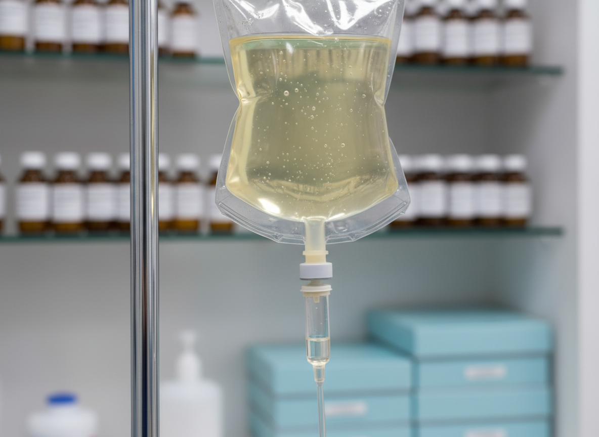 A close-up, photographic realistic view of a transparent intravenous bag filled with a slightly tinted orthomolecular serum, hanging from a polished chrome IV stand in a spotless treatment bay. Tiny bubbles cling to the inside of the bag, and a thin, clear tube descends toward the bottom edge of the frame. The background shows blurred shelves with neatly arranged amber glass vials, white labels, and soft blue storage boxes. Cool, even overhead clinic lighting creates crisp reflections on the fluid surface and chrome metal, enhancing a precise, professional mood. Captured from a slightly low angle with shallow depth of field, the composition emphasizes the purity and controlled environment of advanced infusion therapy.