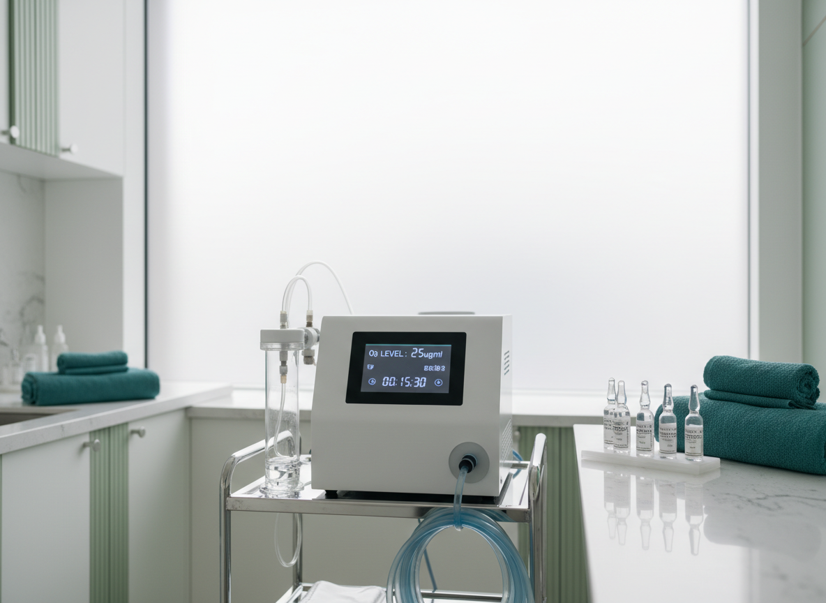A meticulously organized ozonoterapia treatment room in a modern health clinic, featuring a sleek white ozone therapy device with clear digital display, glass tubing, and neatly coiled medical-grade hoses resting on a stainless steel cart. Surrounding it are pristine white countertops, folded soft teal towels, and labeled glass ampoules of medical ozone solution. Soft, diffused daylight enters through a large frosted window, gently illuminating the equipment and casting subtle, hygienic shadows. Photographic realism at eye level, with a clean, professional composition emphasizing sterility and safety. The atmosphere is calm, reassuring, and clinical yet welcoming, with a shallow depth of field that keeps the background of minimalist cabinets and soft green accents pleasantly out of focus.