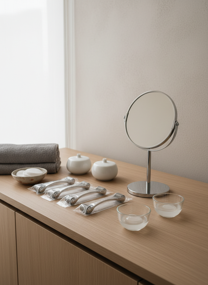 A high-detail photographic scene of a minimalist facial aesthetics setup on a light oak counter in a Valdivia-inspired clinic, featuring an arrangement of sterile white instruments, sealed dermal rollers, and small glass bowls with clear gel. A round tabletop mirror with a brushed metal frame reflects a softly lit, neutral wall in the background. Natural overcast light from a nearby window washes the area in a gentle, flattering glow, creating smooth, soft shadows. A folded gray cotton towel and a small ceramic dish with cotton pads add texture. Shot from a gently elevated angle, using the rule of thirds, the image feels serene, clean, and professional, illustrating non-invasive facial treatments without any human presence.