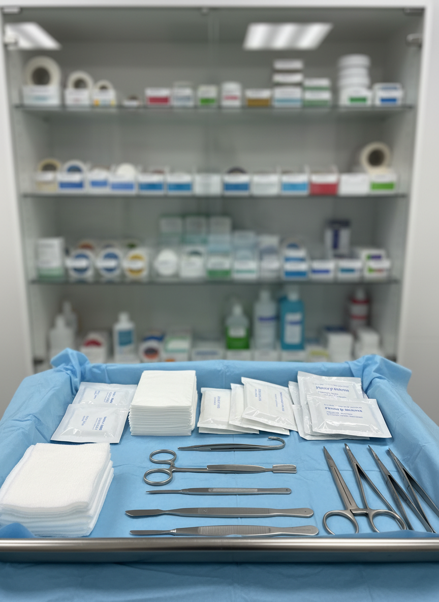 An ultra-detailed photographic composition of a wound-care station in a specialized clinic, centered on a stainless steel tray lined with a sterile blue field. On the tray rest sealed dressings, hydrogel packets, sterile gauze, and neatly arranged instruments with matte, brushed finishes. In the background, slightly out of focus, a wall-mounted cabinet with transparent doors reveals rows of wound-care supplies, each perfectly labeled. Neutral, diffused overhead lighting eliminates harsh shadows, emphasizing cleanliness and precision. Captured at eye level with sharp focus on the tray and a gentle falloff toward the background, the mood is highly professional, reassuring, and prepared, communicating advanced healing and careful nursing support without depicting any patients.